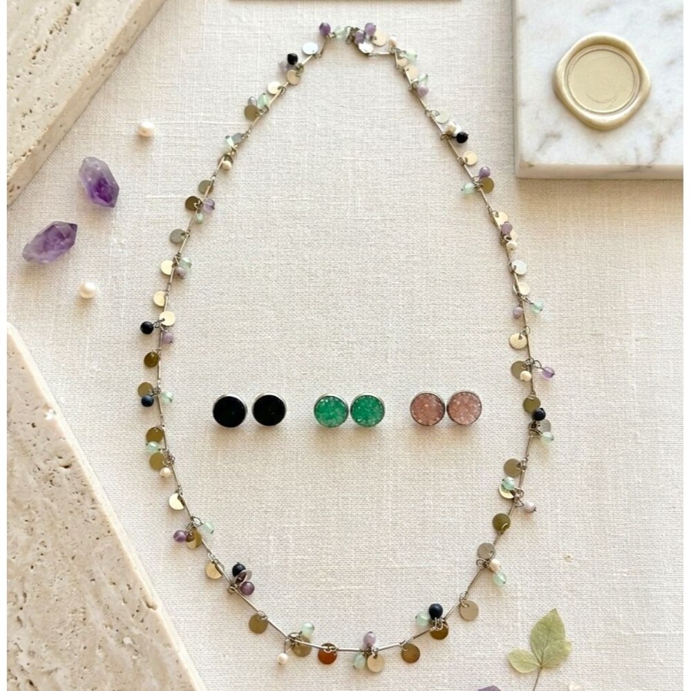Lonna & Lilly Shaker Disc Necklace & 3-Pair Druzy Stud Earrings Jewelry Set Lot